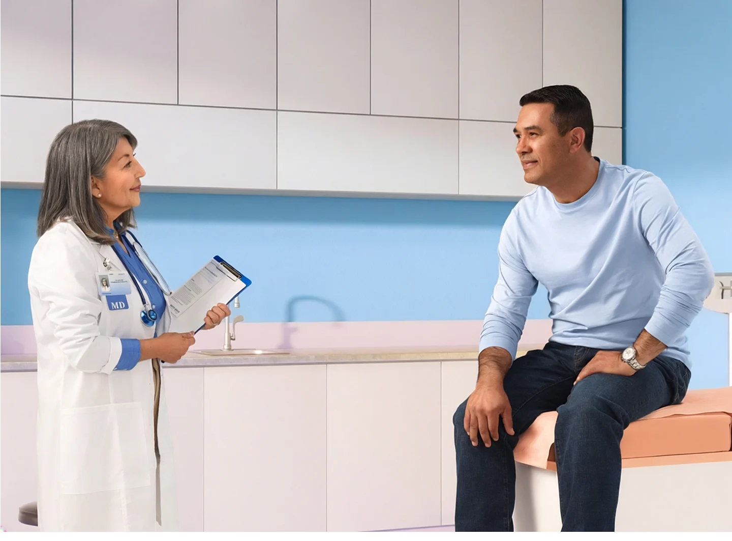 Patient living with opioid-induced constipation talking to their doctor