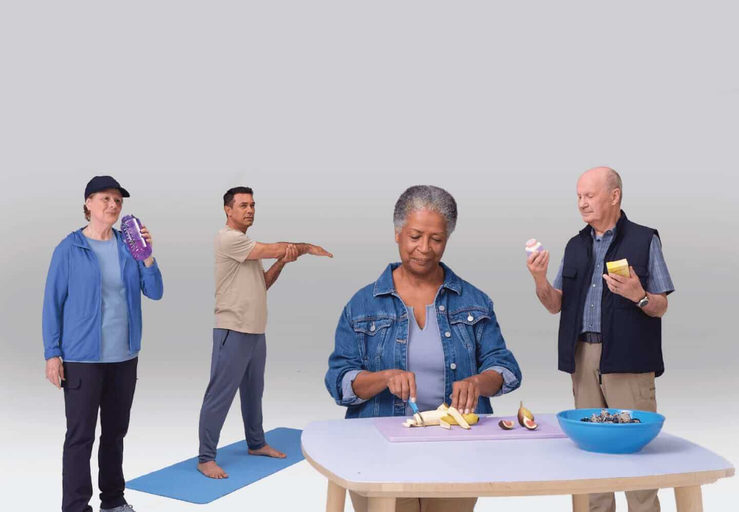 Group of people demonstrating different activities trying to relieve their opioid-induced constipation